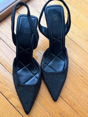 Zara Black Pointed Slingback Heels with Rhinestone Detailing